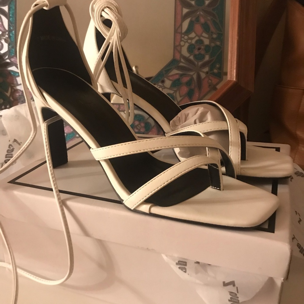 white 3” strapped heel sandal